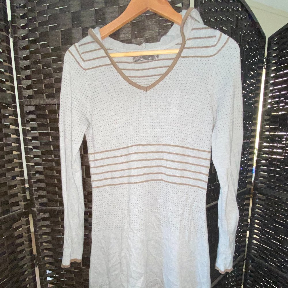 Prana sweater dress with hoodie, looks awesome with leggings, too!  Size small.